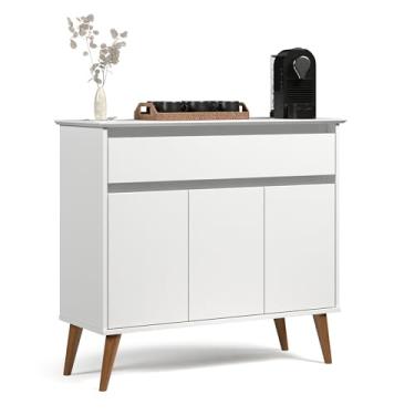 Imagem de Aparador Balcão Armário Bancada Cozinha Cantinho do Café Buffet Sala de Jantar Bar e Estar com 3 Portas e 1 Gaveta Retrô Zeus - Branco