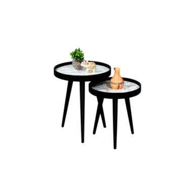 Imagem de Conjunto Mesa Lateral Redonda Barcelona com Pés Palito em Madeira Maciça Preta, Elegante com Bordas de 50mm (Preta Com Tampos Marmorizado)
