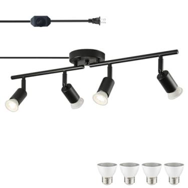 Imagem de vivihobb Luminária De Trilho Com Encaixe Regulável, Preta, 4 Luzes, Encaixe Para Teto, Com Cabo De 16,4' De Comprimento, Holofote De Teto De 4 Vias, Cabeça De Luz Giratória Para Montagem Em Parede,