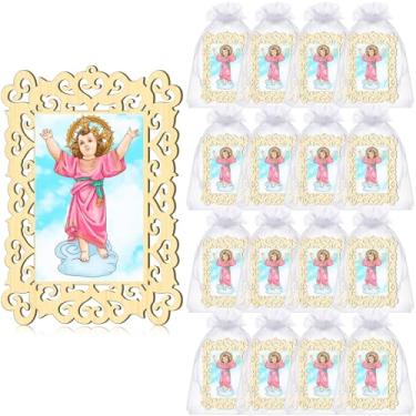 Imagem de Quelay 12 porta-retratos de madeira Divino Nino Criança Divina Jesus com sacos de presente de organza, lembrancinhas de batismo para convidados, primeiro comércio, gravação em memorial de batizado