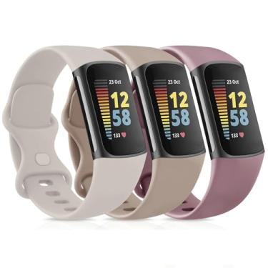 Imagem de Pacote com 3 pulseiras esportivas compatíveis com Fitbit Charge 6/Fitbit Charge 5 pulseiras femininas masculinas, clássicas e macias de substituição para Fitbit Charge 6/5 Advanced Fitness & Health Tracker (Starlight/Milk Tea/Smoke Violet), Pequenas