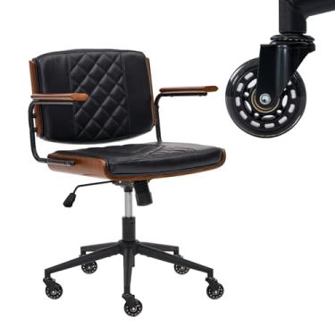 Imagem de iMenting Cadeira de escritório em casa com rodas de borracha, cadeira de escritório de altura ajustável com braços, cadeira de couro para computador pequena de 360°, cadeira de nogueira moderna para
