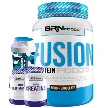 Imagem de Kit Whey Protein Fusion 900g + Premium Creatina 100g + Premium Glutamina 100g + Coqueteleira - BRN Foods (Médio, Chocolate)