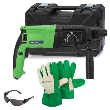 Imagem de Kit Martelete Perfurador Rompedor 800W 220V 4000IPM SDS Plus 3 Joules 26mm C/Maleta de Acessórios + Luva de Raspa Vaqueta Multiuso NEVVO + Óculos de Segurança EPI