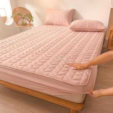 Imagem de Protetor de colchão acolchoado lençol de baixo macio capa respirável e silencioso com bolsos profundos protetor de cama moderno confortável e duradouro-rosa, Solteiro 35 x 79 polegadas