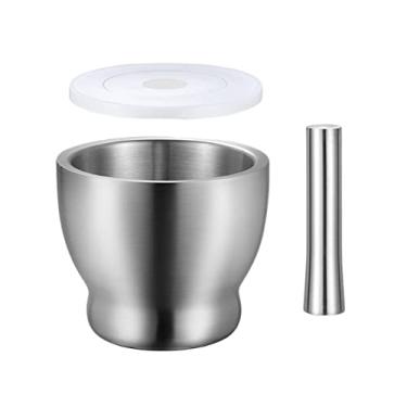 Imagem de Tigela Moedora Conjunto de pilão e almofariz de moagem de aço inoxidável 18/8 com tampa e base antiderrapante Melhor para cozinha utilizável Moedor Triturador(Grande)