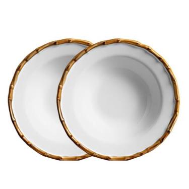 Imagem de Jogo 2 Prato Fundo de Cerâmica Branco Borda de Bambu Grossa Flat Scall