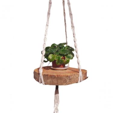 Imagem de Prateleira Suspensa Macramê Pipoca Cru Madeira Rústica