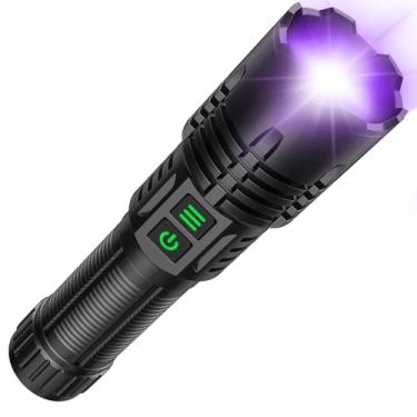 Imagem de AdamStar Lanterna UV e de alto lúmens, recarregável, 2 em 1, potente lanterna de LED com luz negra, tática, 6 modos, superbrilhante, à prova d'água, com zoom, detector para urina, resina, acampamento