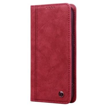 Imagem de LYJSMGZ Capa flip para iPhone 16E, homens e mulheres, carteira de couro fosco, fecho magnético, capa de telefone fólio TPU à prova de choque, capa macia, vermelha, 16E