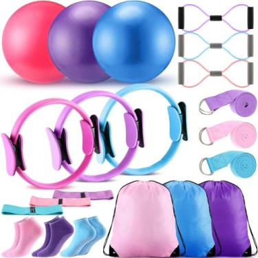 Imagem de Poen Kit de 21 peças de pilates em casa para mulheres, conjunto de anel e bola de pilates com alça de alongamento, 8 faixas de resistência, meias antiderrapantes, bolsas de ginástica, equipamento de