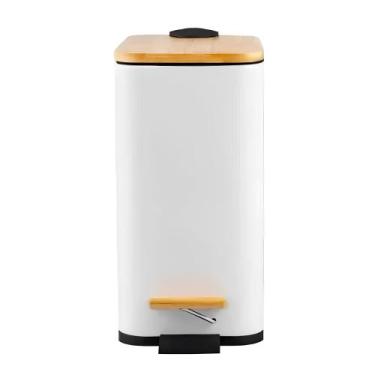Imagem de Lixeira Retangular Branca C/ Cesto Interno e Pedal e Tampa de Bambu 5 