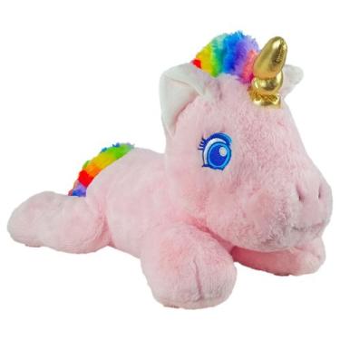 Imagem de Unicórnio Gold Deitado Pelúcia Macia Fofo Com Crina Colorida E Chifre 
