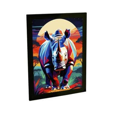 Imagem de Quadro Decorativo BHARDO Rinoceronte Ilustração Colorida, Moldura Pinus, Papel Fotográfico, A2 46x64cm