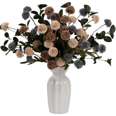 Imagem de LESING 10 peças de flores artificiais de haste longa com eucalipto, seda falsa de crisântemos, bolas de flores artificiais, pompom artificial, flores para mãe, decoração de arranjos florais a granel