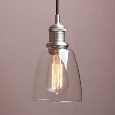 Imagem de Yosoan Luminária pendente vintage Edison de 1 luz, interior moderno com fio, mini cone oval, persiana de vidro transparente para cozinha, banheiro, varanda, sala de estar, sala de jantar, escritório,