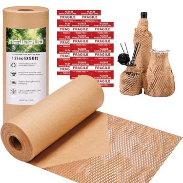 Imagem de Neworld Papel De Embalagem Em Formato Favo Mel, Envoltório Bolhas Ecológico Para Mudança, Embrulho Produtos E Presentes, Material Reciclável (30,5 Cm X 15,2 M) Com 20 Etiquetas Adesivas Frágeis