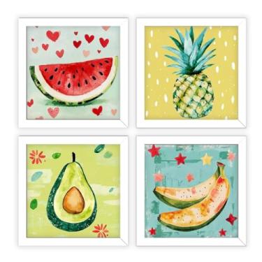 Imagem de Kit 4 quadros 18x18 cm, cozinha, área gourmet, frutas vidro (Branco)
