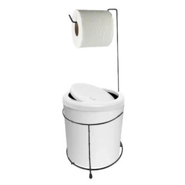 Imagem de Suporte Porta Papel Higiênico Preto Com Lixeira 5L Cesto Lixo Branco T
