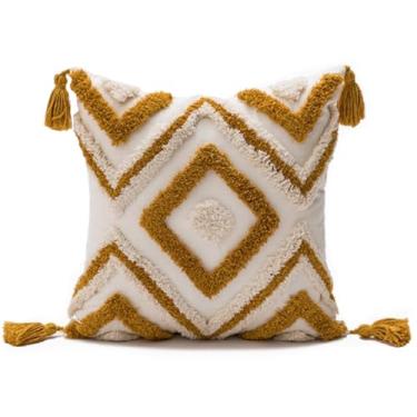 Imagem de NIDITW Capa de almofada Tufting 45,7 x 45,7 cm, listra geométrica, boêmia, luxuosa, decoração de casa, jacquard bordada, com borlas feitas à mão, macia e fofa para sofá de fazenda (amarelo diamante)