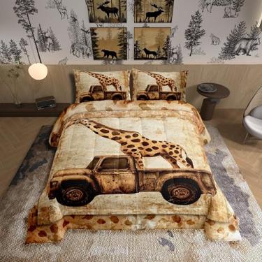 Imagem de Manfei Conjunto de edredom infantil de girafa, estampa de pele de girafa, retrô, caminhão, decoração de quarto de meninos e meninas, edredom rústico de casa de fazenda, marrom e preto, 1 fronha