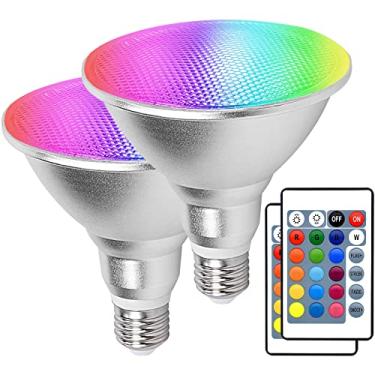 Imagem de Kuniwa Pacote com 2 luzes de inundação RGB PAR38 ao ar livre com controle remoto, 30W = 90W, lâmpadas de LED à prova d'água que mudam de cor, 3000K, branco quente, 1800lm, lâmpada de decoração de festa de Natal regulável