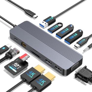Imagem de Estação de ancoragem com 3 monitores para laptop HP/Dell/Lenovo/MacBook, hub USB C 13 em 1, estação de ancoragem de computador para laptop com HDMI duplo, VGA, USB 3.0, porta de carregamento rápido