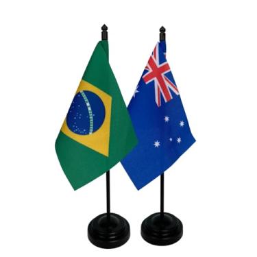 Imagem de Kit Bandeiras de Mesa Brasil e Austrália, Base e Haste em Plástico Preto, Tecido Oxford, Uma Face