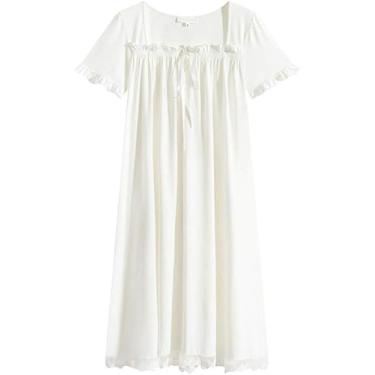 Imagem de Camisola De Manga Curta Para Senhoras Camisola Vintage Lace Sweet Long Homewear Loose, White, XL