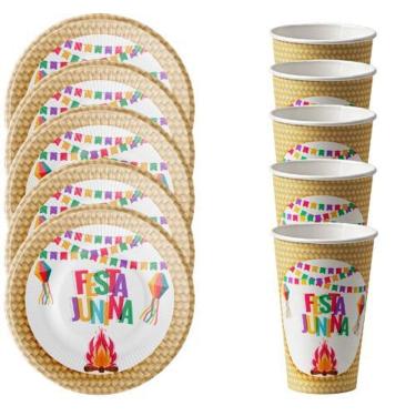 Imagem de Kit 20 Convidados Pratos Copos Decoração Papel Festa Junina