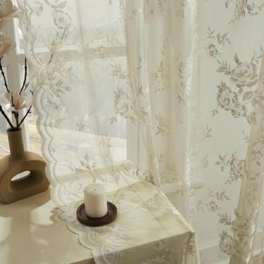 Imagem de Cortinas de renda cáqui 213 cm de comprimento, 2 painéis, vintage, floral, transparente, para sala de estar, quarto, decoração de haste, bolso para varão, filtro de luz, cortina de janela de renda