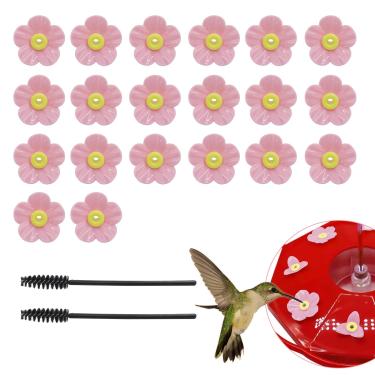 Imagem de Jiozermi 20 peças de flores de substituição para alimentador de beija-flor rosa, peças de reposição para beija-flor alegre para animais de estimação com 2 pincéis, protetores de formigas de abelha