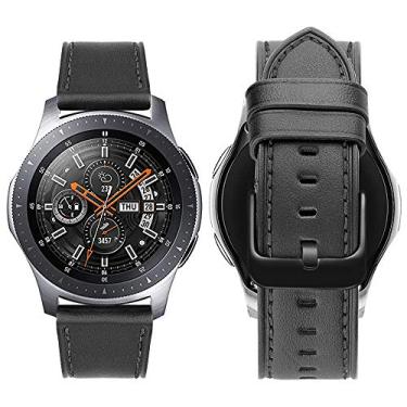Imagem de iBazal Pulseira de couro genuíno de 22 mm compatível com Samsung Galaxy Watch 3 de 45 mm Galaxy Watch 46 mm Gear S3 Frontier/Pulseira de substituição de pulseira clássica SM-R760/Pebble Time masculina e feminina - linha preta + branca