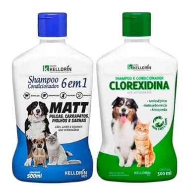 Imagem de Kit 2 Shampoo para Cachorro Condicionador Matt Pulgas + Clorexidina Kelldrin