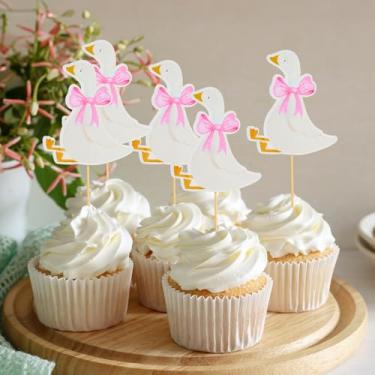 Imagem de 24 peças de topos de cupcake de festa de ganso, enfeite de cupcake de aniversário de ganso rosa engraçado, decoração de tema de ganso bobo para chá de bebê, suprimentos de festa