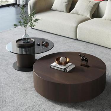 Imagem de Mesa De Café Redonda Moderna Mid Century Minimalista Conjunto De 2 Tampos De Vidro Com Armazenamento Oculto Para Sala De Estar Quarto Escritório, 90+60cm