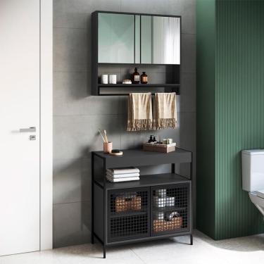 Imagem de Conjunto de Gabinete para Banheiro Industrial Avis 2 PT com Armário Phoebe 2 PT Preto e Grafite