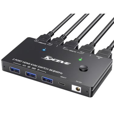 Imagem de KCEVE Interruptor HDMI KVM 2 Computador 1 Monitor 8K @60Hz, Interruptor KVM HDMI 2 Portas com 3 USB3.0, Controle Remoto com Fio, Adaptador de Energia e Cabos USB