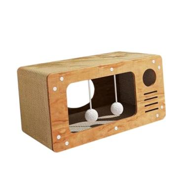 Imagem de Stgfyxgs Casa de papelão para gatos, cama arranhadora para gatos, resistente, com brinquedos interativos, bola, arranhador, papelão ondulado para sala de estar