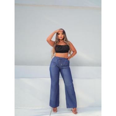 Imagem de Calça Wide Leg Feminina Larga Pantalona com elástico na cintura Jeans 