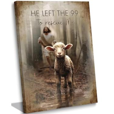 Imagem de Tela emoldurada Jesus Salva os Cordeiros Perdidos Arte de Parede Jesus Folhas 99 Ovelhas Imagem Decoração de Parede Impressão de Pôster Cristão Adequado para Sala de Estar Quarto Igreja Decoração de