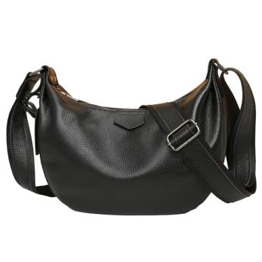 Imagem de Micmores Bolsa tiracolo de couro genuíno para mulheres, bolsa de ombro de couro macio de seixo médio para trabalho, viagem, Preto, 7.09 x 11.02 x 3.54 inches