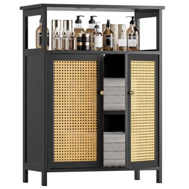 Imagem de HITNET Armário de piso de banheiro com 2 portas de vime (preto)