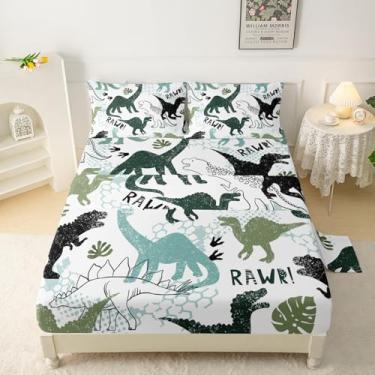 Imagem de QOOMO Jogo de lençol solteiro de dinossauro, desenho animado de dinossauro, 40,6 cm, com bolso profundo, para decoração de quarto com estampa de dinossauro, macio e respirável para meninos/meninas