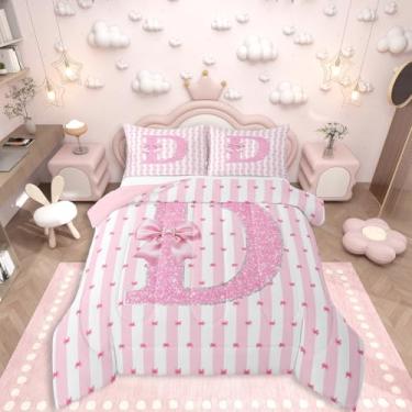 Imagem de Erosebridal Conjunto de cama casal com a letra D, para meninas, com laço rosa, estampa de princesa, para crianças, adolescentes, mulheres, edredom com desenho kawaii, 2 fronhas