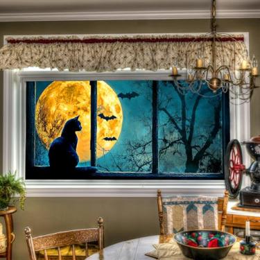 Imagem de HOMETITUTE Película estática para janela de Halloween com estampa de lua de gato preto, 99,8 x 45 cm, não adesivo, removível, reutilizável para porta de vidro, casa e escritório, quartos, adesivo de