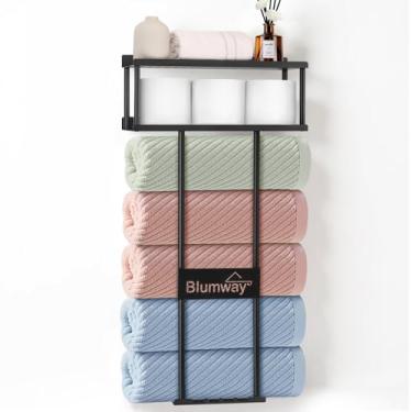 Imagem de BlumWay Suporte de armazenamento de toalhas de banheiro de 78,7 cm montado na parede, toalheiro de metal com 3 ganchos, comporta 5 toalhas grandes, suporte de toalha de banheiro com prateleira e cesta