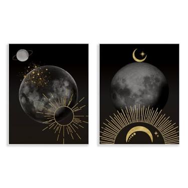 Imagem de Stupell Industries Conjunto de arte de placa de parede de 2 peças de sol e lua de ouro celestial por Daniela Santiago, 14 x 11