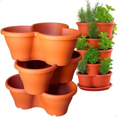 Imagem de Kit 3 Vaso Treviso Terracota Empilhável Jardim Vertical 11L Borda Anti Formiga para Plantas Ornamentais, Hortas, Frutas, Temperos, Suculentas e Flores