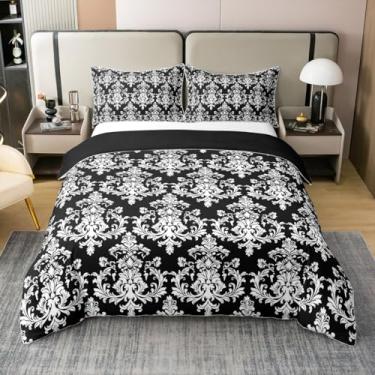 Imagem de Capa de edredom vintage branco preto 100% algodão puro, tamanho casal, boêmia, vitoriana, floral, reversível, com 2 fronhas para crianças, estampa de renda gótica damasco respirável